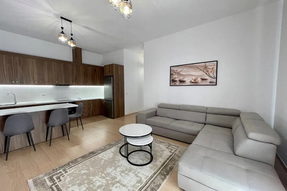 Open living room and kitchen of the new 2BR in Kompleksi Delijorgji, Tirana
