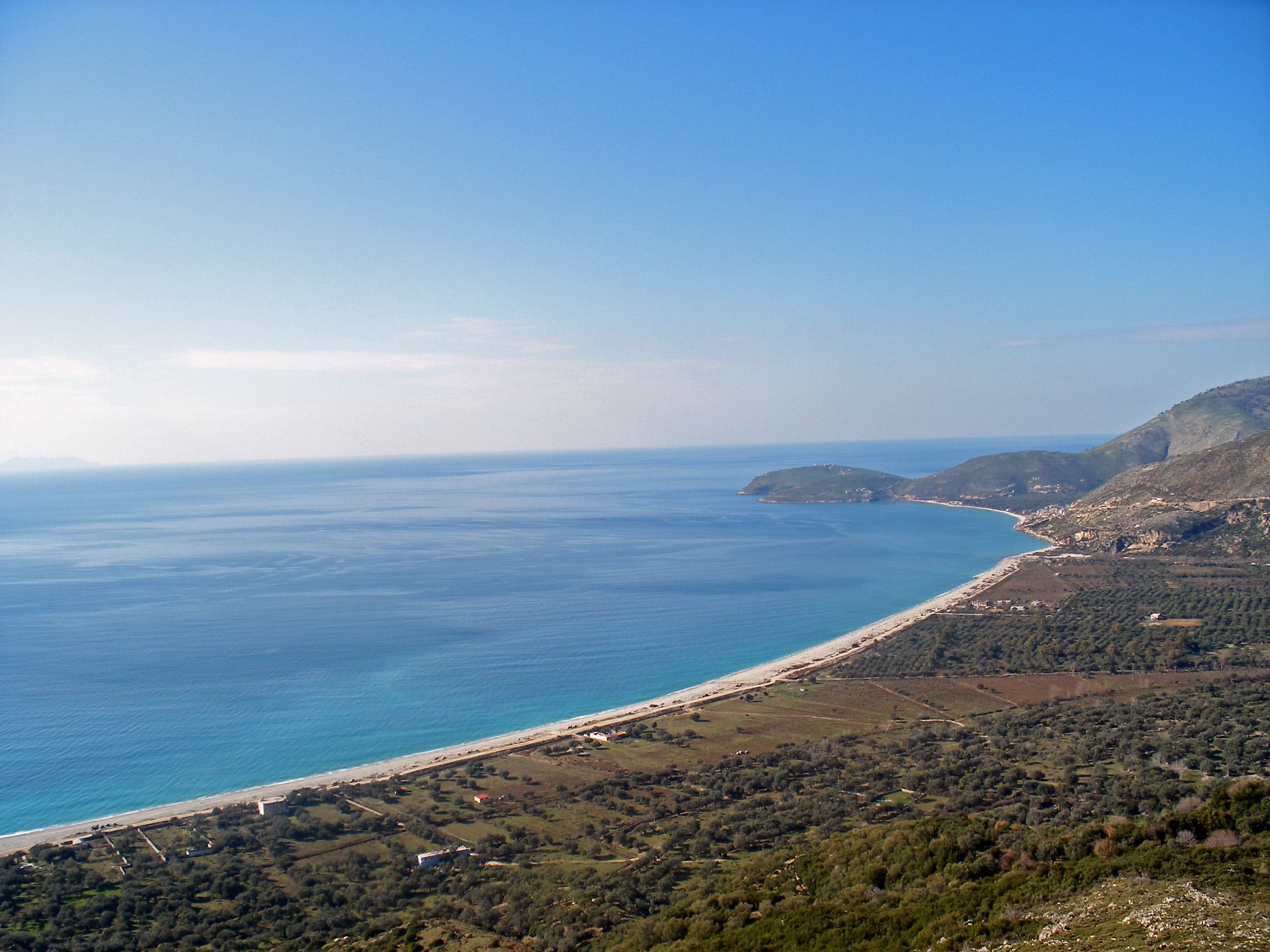 Turquoise Ionian water and olive groves along the Albanian Riviera